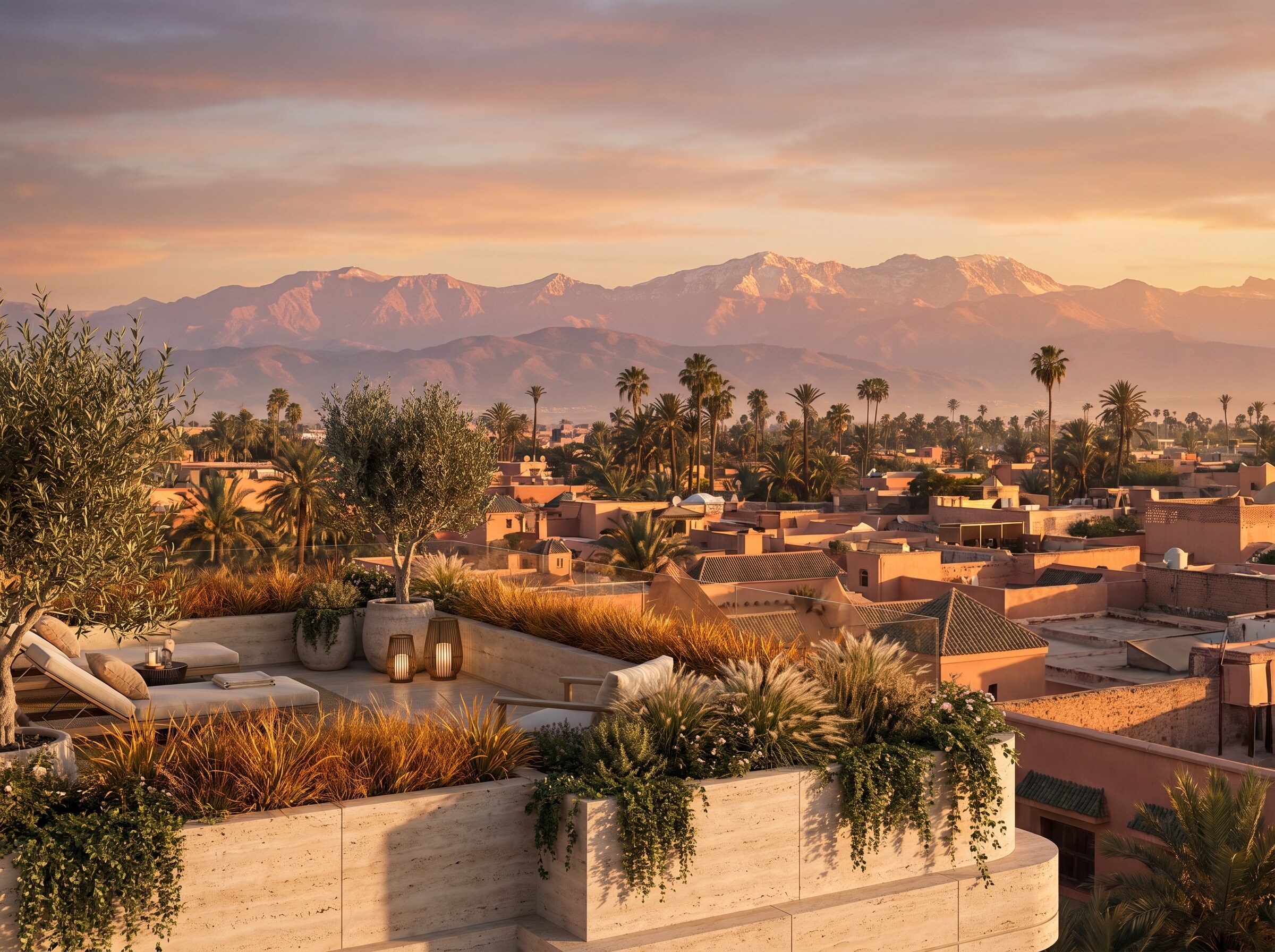 Vue panoramique sur Marrakech et les montagnes de l'Atlas au coucher du soleil, illustration