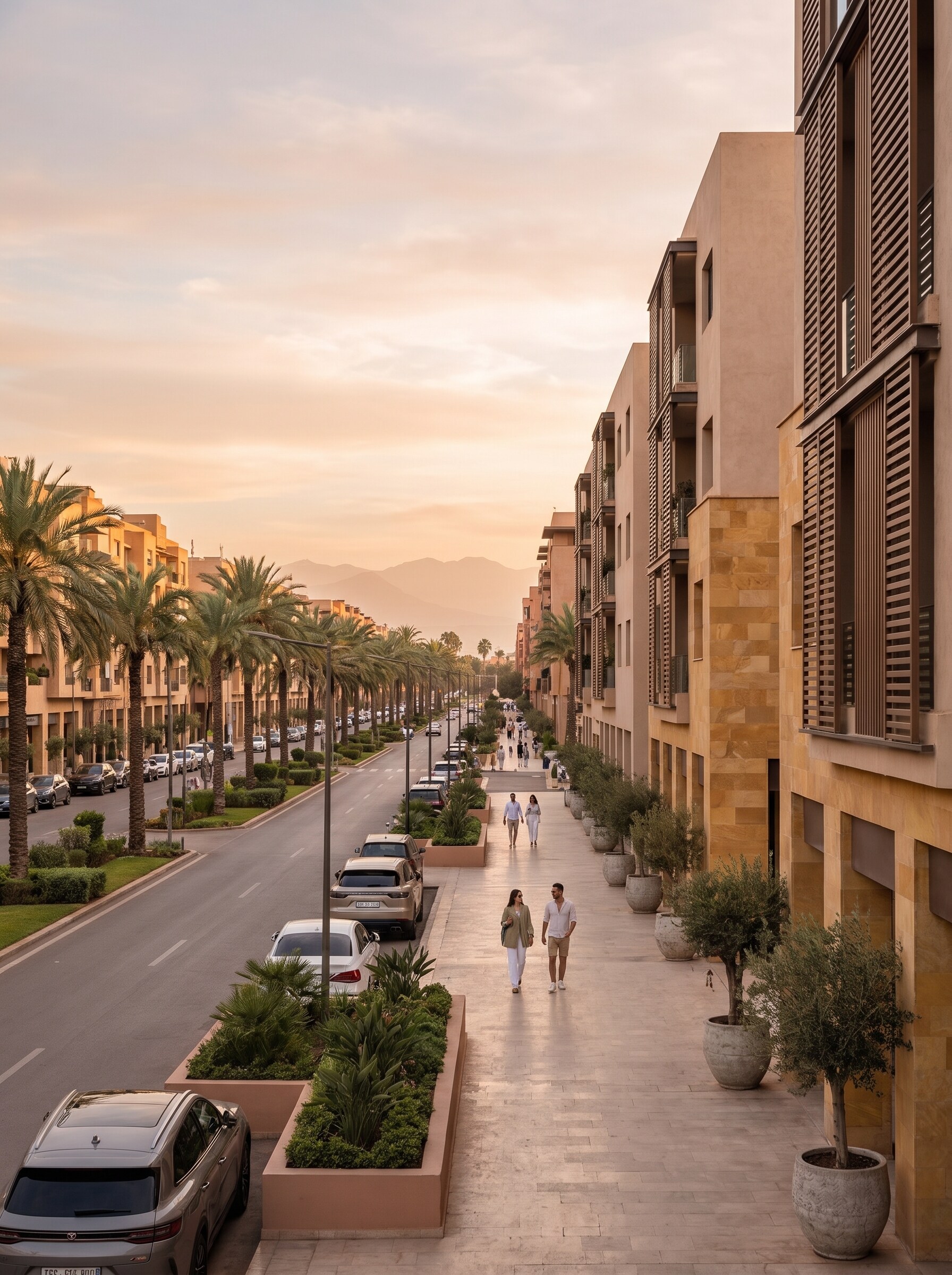 Ambiance d'un boulevard de Guéliz à Marrakech, illustration
